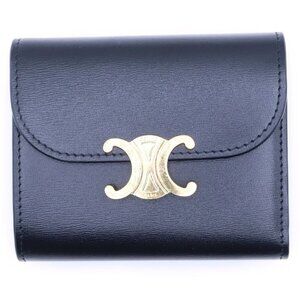 Celine Triomphe Trifold Wallet Compact Coin Case Black Leather Gold